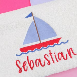 Personalised Kids Towel with Sailboat Design – Custom Embroidered Name – Nautical Bath or Beach Towel , Kids Towels , Personalised Towels