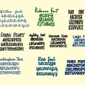 May include: A digital image displaying ten different font styles. Each font style is shown in a separate box with the name of the font style at the top and the alphabet in lowercase letters below. The font styles are: Glitter, Rebecca, Farm, Dino, Joyfully, Harvest, Lego, Buckingham, Kiss, and Hobo.