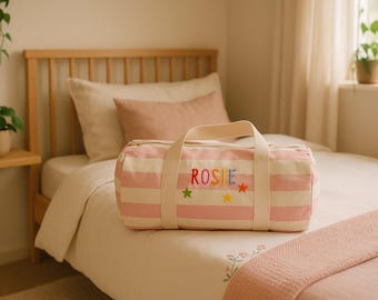 Personalized Kids Striped Canvas Holdall: Embroidered Travel Bag