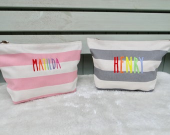 Personalized Striped Canvas Pouch: Embroidered Nautical Accessory Bag