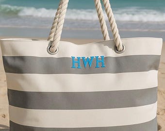 Personalisierte Gestreifte Strandtasche: Bestickte Canvas Reisetasche