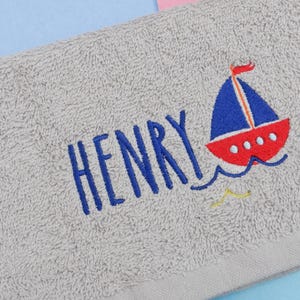 Personalised Kids Towel with Sailboat Design – Custom Embroidered Name – Nautical Bath or Beach Towel , Kids Towels , Personalised Towels
