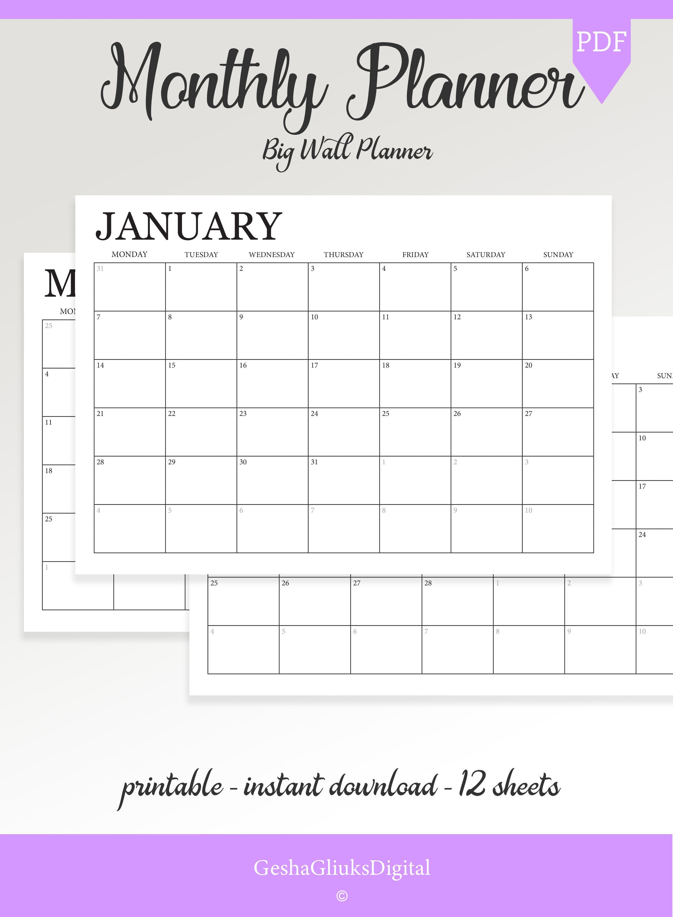 2019 Monthly Calendar Pack Yearly Planner A4 A3 Printable