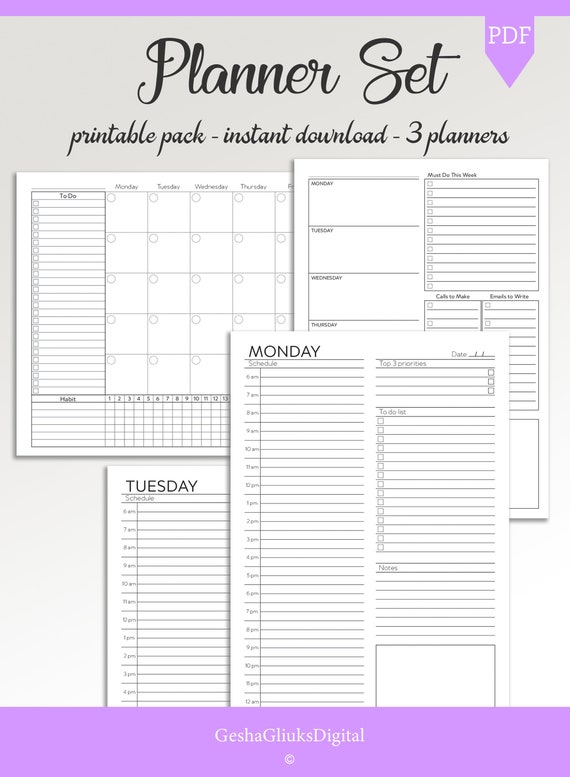 planner set printable agenda daily weekly planner planner etsy daily and weekly planner