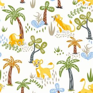 May include: A repeating pattern featuring cartoon lions, palm trees, and tropical foliage in shades of yellow, green, brown, and blue on a white background. The design includes various poses of the lions, creating a playful and whimsical aesthetic.