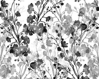Black and White Floral // Watercolor Floral // Removable Wallpaper