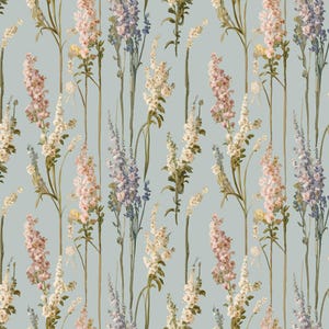 May include: A repeating pattern of tall, slender flowers in shades of pink, white, and lavender against a pale blue background. The floral design features detailed botanical illustrations, creating a vintage aesthetic.