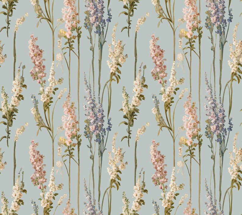 May include: A repeating pattern of tall, slender flowers in shades of pink, white, and lavender against a pale blue background. The floral design features detailed botanical illustrations, creating a vintage aesthetic.