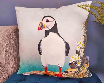 Puffin Cushion, Coastal Cushion, Faux Suede, Fibre Filled, 45cm, Bird Cushion, Decorative Cushion