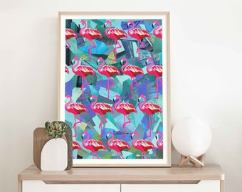 Tropischen Flamingo Druck, Flamingo Muster, Flamingo Wandkunst, rosa und Petrol Wandkunst, Flamingo Kunstdruck