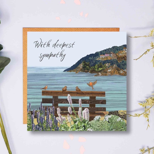 With Deepest Sympathy Card, Thinking Of You Card, Sorry for Your Loss, Robin, Bench, Sea View