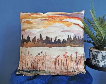 Meadow Landscape Cushion, Sunset Cushion, Faux Suede, 45cm, Meadow Cushion, Decorative Cushion, Landscape cushion
