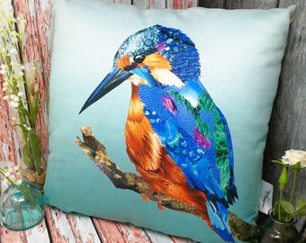 Kingfisher Cushion, Faux Suede, Decorative Cushion, Bird Cushion