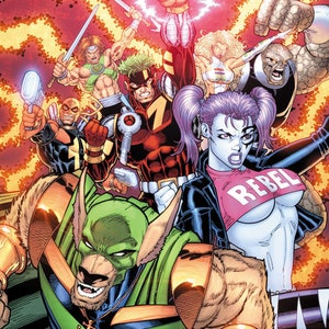 May include: Comic book illustration featuring a group of superheroes. The characters are diverse, with varying skin tones, costumes, and powers. The background is a fiery orange and red, with a burst of light emanating from the center. One character wears a shirt that says "REBEL".
