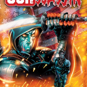 May include: A comic book cover featuring a masked figure in a blue and black suit holding a sword. The figure is standing in front of an American flag with the words "USA ASSASSIN" in red and black letters.