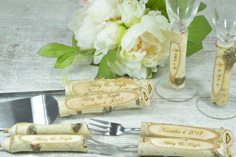 Personalized Wedding glasses and Cake Server Set cake cutter boho wedding toasting flutes rustic wedding flutes and cake rustic