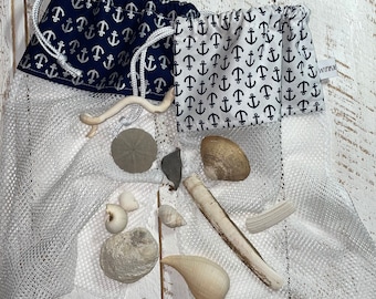 Sea Shell Collecting Bag, Drawstring Sea Shell Bag, Beach Tote, Anchors, Sea Shells, Sea Glass, Mesh Sea Shell Bag