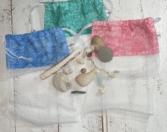 Drawstring Sea Shell Collecting Bag, Sea Glass, Sea Shells, Mesh Sea Shell Bag, Jeweltone colors.