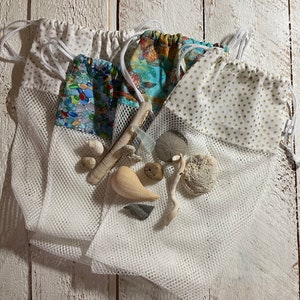 Sea Shell Collecting Bag, Drawstring Sea Shell Bag, Gold and Silver Stars, Sea Shells, Sea Glass, Mesh Sea Shell Bag, Sea Turtles