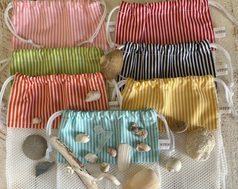 Sea Shell Collecting Bag, Drawstring Sea Shell Bag, Sea Shells, Sea Glass, Mesh Sea Shell Bag, Stripes