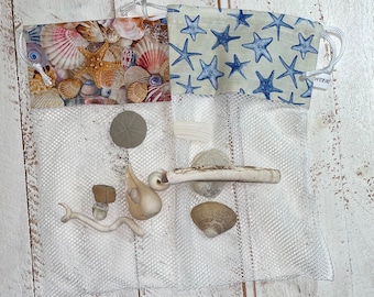 Sea Shell Collecting Bag, Drawstring Sea Shell Bag, Sea Shells, Sea Glass, Mesh Sea Shell Bag, Sea Shells or Starfish print.