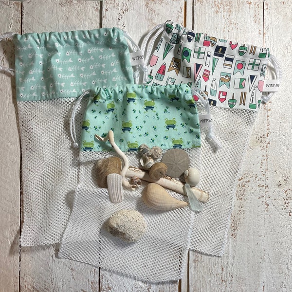 Sea Shell Collecting Bag, Drawstring Sea Shell Bag, Sea Shells, Sea Glass, Mesh Sea Shell Bag, Fish Bones, Frogs and Buoys