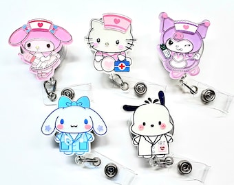 SALE !!!!! 1 pc Medical Cute Bunny Kitty Cat Dog Cartoon Character Retractable ID Badge Reel - Doctor / Nurse / Teacher Badge Reel Clips