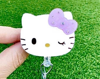 VERKOOP !! Kawaii HK Kitty Cat Bling Bow Stripfiguur Intrekbare ID-badgehaspel - Dokter / Verpleegkundige Medisch medewerker / Badgehaspel collega
