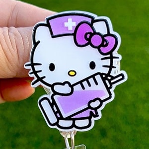 SALE !!!! Kawaii HK Cute Kitty Cat Purple Cartoon Character Retractable ID Badge Reel - Doctor / Nurse / Medical Worker Badge Reel Badge