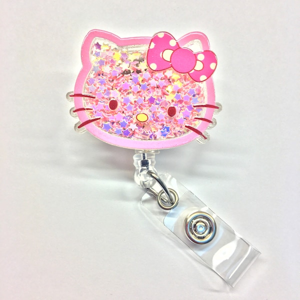 SALE !! Kawaii HK niedliche Floating Glitter Kitty Cat Cartoon Charakter einziehbare ID-Abzeichenrolle - Arzt / Krankenschwester / Lehrer Abzeichen Reel Badge