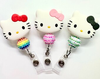 SALE !!!! 1 pc Cute Kawaii Kitty Cartoon Retractable ID Badge Reel with AB Rhinestones Bead - Doctor / Nurse / Teacher Badge Reel Badge Clip