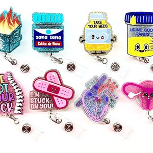 SALE !!!!! 1 pc Medical Glitters Scrub / Pill Retractable ID Badge Reel - Doctor / Nurse / healthcare provider Badge Reel Clips