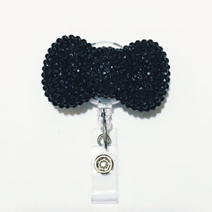 Full Bling Schwarz Cutie Bogen Strasssteine Kitty Bogen Versenkbare ID Ausweisrolle - Alligator Swivel Clip ID Ausweishalter - T