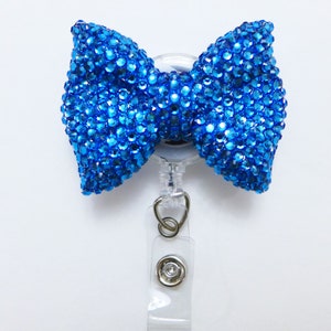 Full Bling Blau Cutie Bogen Strasssteine Kitty Bogen einziehbare ID Ausweis Reel - Alligator Swivel Clip ID Ausweishalter - T