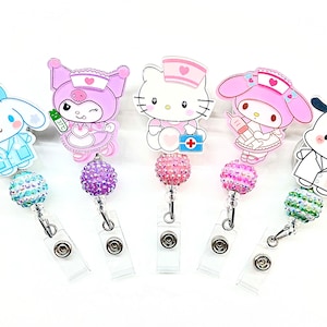 Beaded Medical Cute Bunny Kitty Cat Dog Cartoon Character Retractable ID Badge Reel - Doctor / Nurse / Teacher Badge Reel Clips