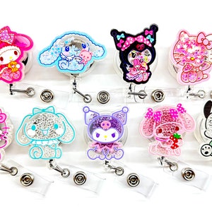 SALE !!!!! 1 pc Cute Kitty Bunny Dog Floating Glitter Cartoon Character Retractable ID Badge Reel - Doctor / Nurse / Teacher Badge