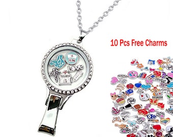 DIY Rhinestones Floating Locket Lanyard Glass Locket ID Badge Holder with 10pcs/Set Floating Charms 30 inch Stainless Steel Chain Necklace