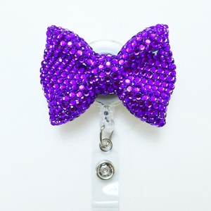 Full Bling Purple Cutie Bow Rhinestones Kitty Bow Retractable ID Badge Reel - Alligator Swivel Clip ID Badge Holder - T
