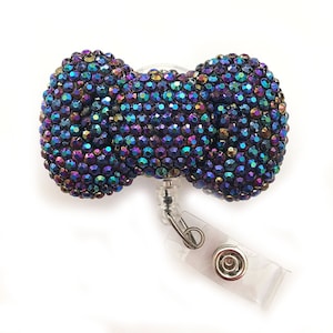 Full Bling AB Schwarz Cutie Bow Jelly Strasssteine Kitty Bow versenkbare ID Ausweisrolle - Alligator Swivel Clip ID Ausweishalter - T