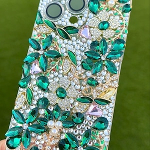Handmade Blinged Out Green Gems Glass Rhinestones Cell Phone Case bling bling