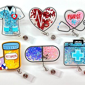 SALE !!!!! 1 pc Medical Glitters Scrub / Pill Retractable ID Badge Reel - Doctor / Nurse / healthcare provider Badge Reel Clips
