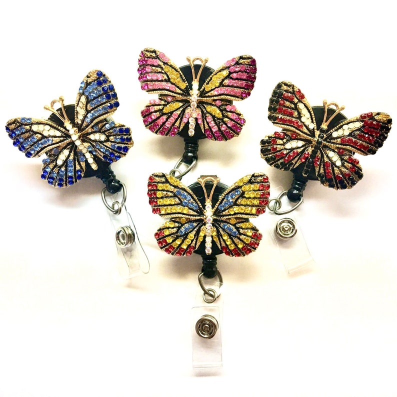 GoldRedBlue Rhinestones Butterfly Alloy Retractable ID Badge Reel Gifts Badge Clips Alligator Swivel Clip ID Badge Holder