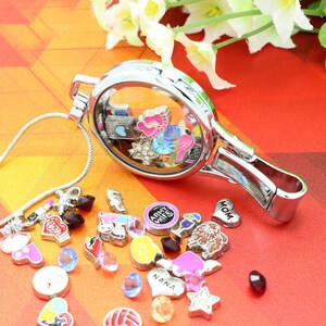DIY Floating Locket Lanyard Glass Locket ID Badge Holder with 10pcs/Set Floating Charms 30 inch Stainless Steel Chain Necklace