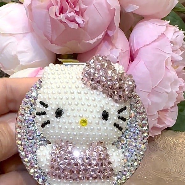 SALE !!!!! 1 pc BLinged Ou Glass AB Rhinestones Kitty travel compact makeup mirror Perfect Gife For Ladies