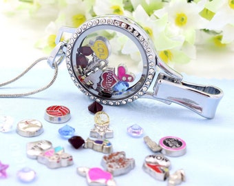 DIY Rhinestones  Floating Locket Lanyard Glass Locket ID Badge Holder with 10pcs/Set Floating Charms 30 inch Stainless Steel Chain Necklace