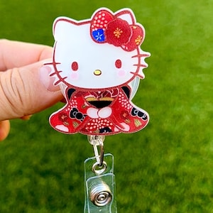 SALE !! Kawaii HK Kitty Cat  Bling Cute Cartoon  Retractable ID Badge Reel - Doctor / Nurse / Medical Worker / Coworker Badge Reel