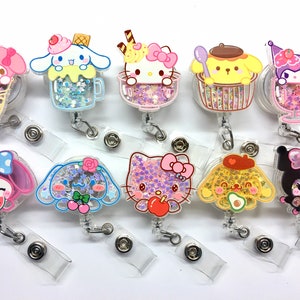 SALE 1 pc Cute Kawaii kitty Bunny Dog frog Floating Glitter Cartoon Character Retractable ID Badge Reel Doctor / Nurse Teacher Badge image 1