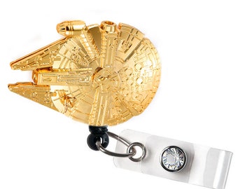 Gold Tone Spaceship Falcon Retractable ID Badge Reel,  Doctor / Nurse / Teacher / Coworker gift ideas Badge Reel Badge Clips
