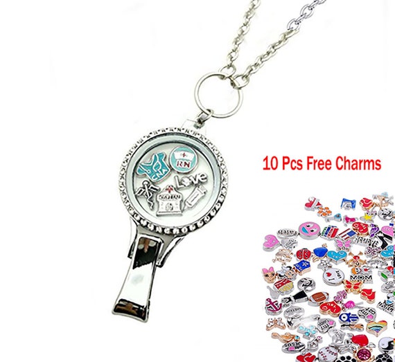 DIY Rhinestones Floating Locket Lanyard Locket ID Badge Holder With  10pcs/set Floating Charms 30 Inch Stainless Steel Key Chain Necklace 