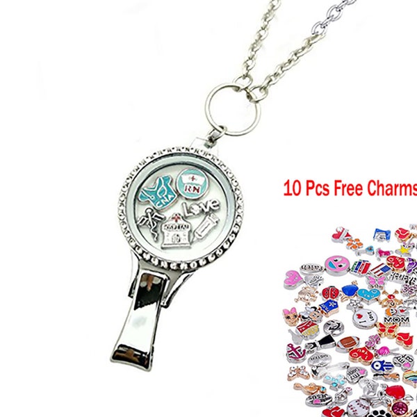 DIY Rhinestones Floating Locket Lanyard Locket ID Badge Holder with 10pcs/Set Floating Charms 30 inch Stainless Steel Key Chain Necklace